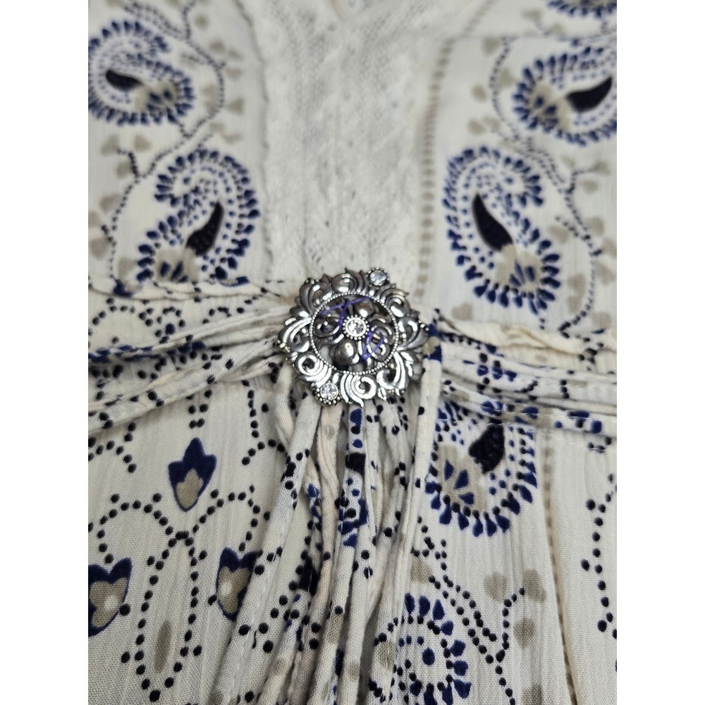 Angie Midi Dress Large Cream Navy Paisley Crochet Lace Trim Tiered Boho Peasant - Picture 3 of 10